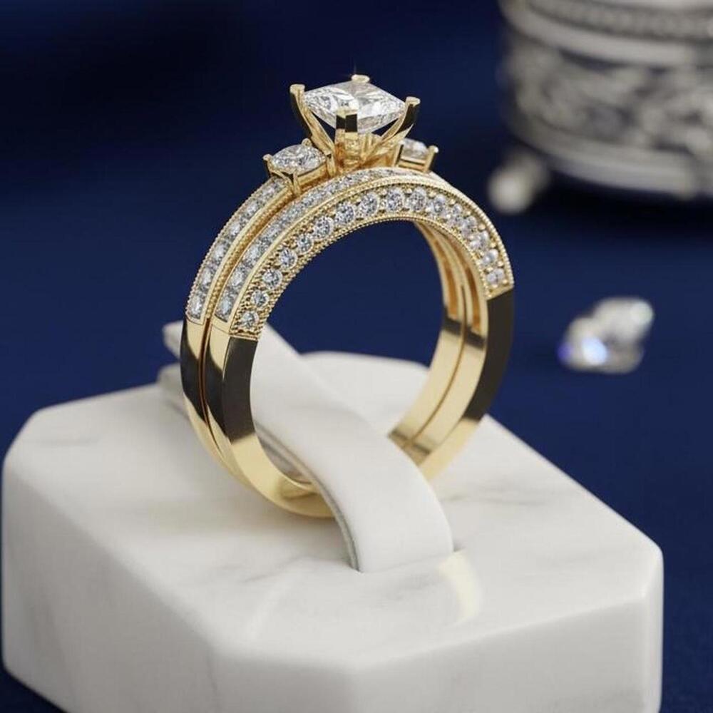 Gold Plated S925 Sterling Silver Princess Cut CZ Ring Set 2.5ct – Size 8
